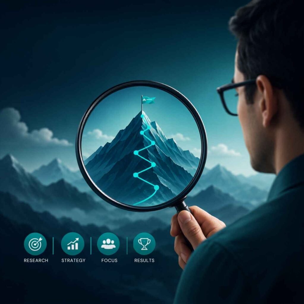A man looking at the mountain with a magnifine glass